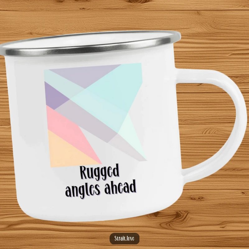 Funny abstract composition of sharp, angular geometric planes intersecting dynamically in a minimalist design, depicted on a durable camping mug.