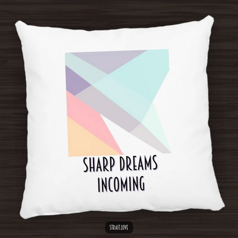 Funny abstract design with sharp, angular geometric planes intersecting dynamically in a minimalist composition, displayed on a decorative pillow.