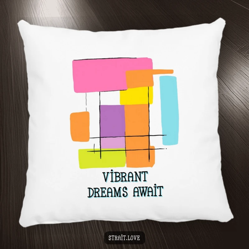 Funny abstract graphic with bold, contrasting colour blocks creating a striking design, displayed on a decorative pillow.