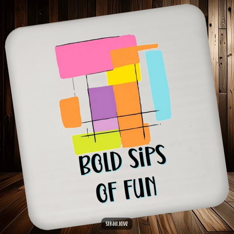 Funny abstract graphic with bold, contrasting colour blocks creating a striking design, featured on a set of drink coasters.