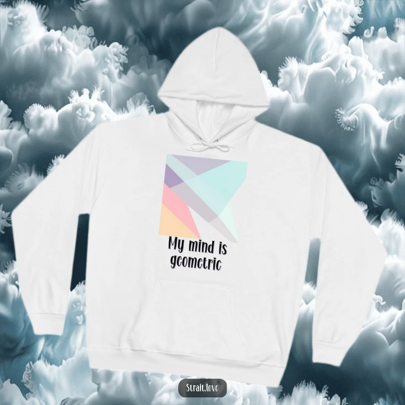 Funny abstract composition of sharp, angular geometric planes intersecting dynamically in a minimalist design, featured on a warm hoodie.